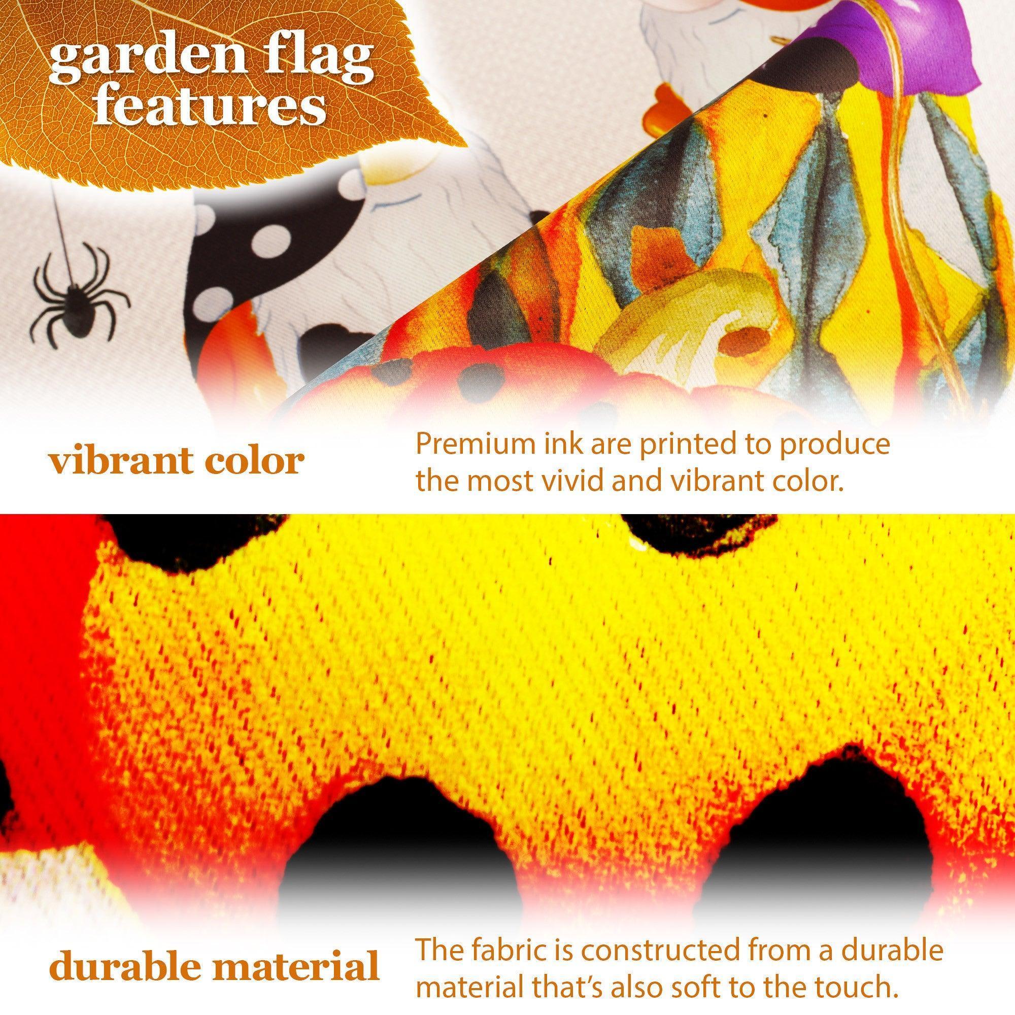 G128 Combo Pack: Garden Flag Stand Black 36 in x 16 in & Garden Flag Happy Halloween Decoration Two Witchy Gnomes 12x18 DoubleSided Blockout Fabric