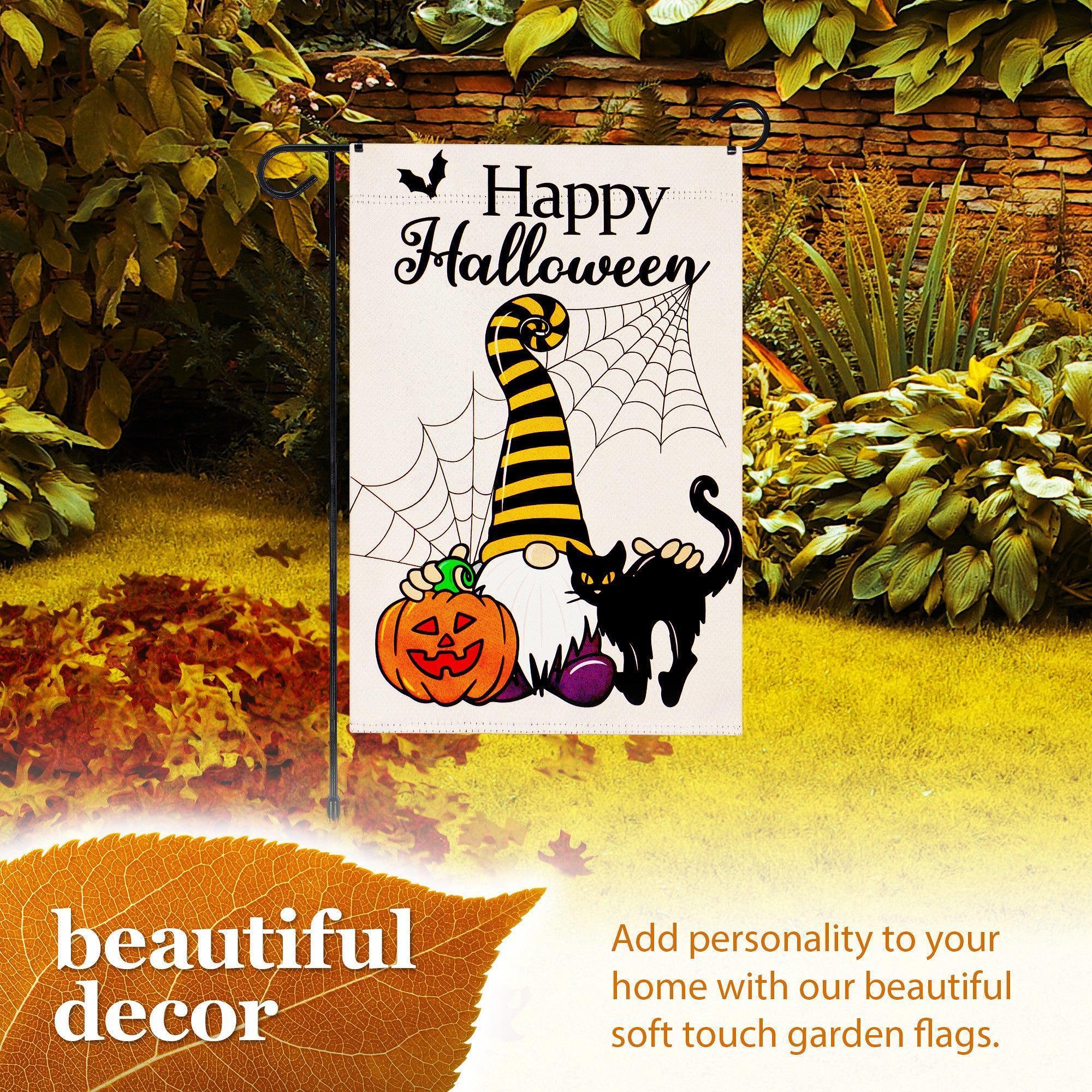 G128 Combo Pack: Garden Flag Stand Black 36 in x 16 in & Garden Flag Happy Halloween Decoration Gnome with Pumpkin and Black Cat 12x18 DoubleSided Blockout Fabric
