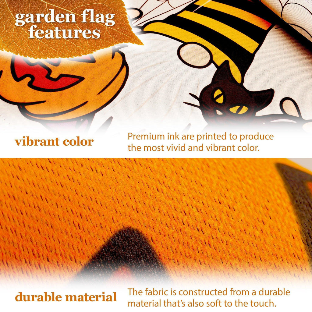 G128 Combo Pack: Garden Flag Stand Black 36 in x 16 in & Garden Flag Happy Halloween Decoration Gnome with Pumpkin and Black Cat 12x18 DoubleSided Blockout Fabric