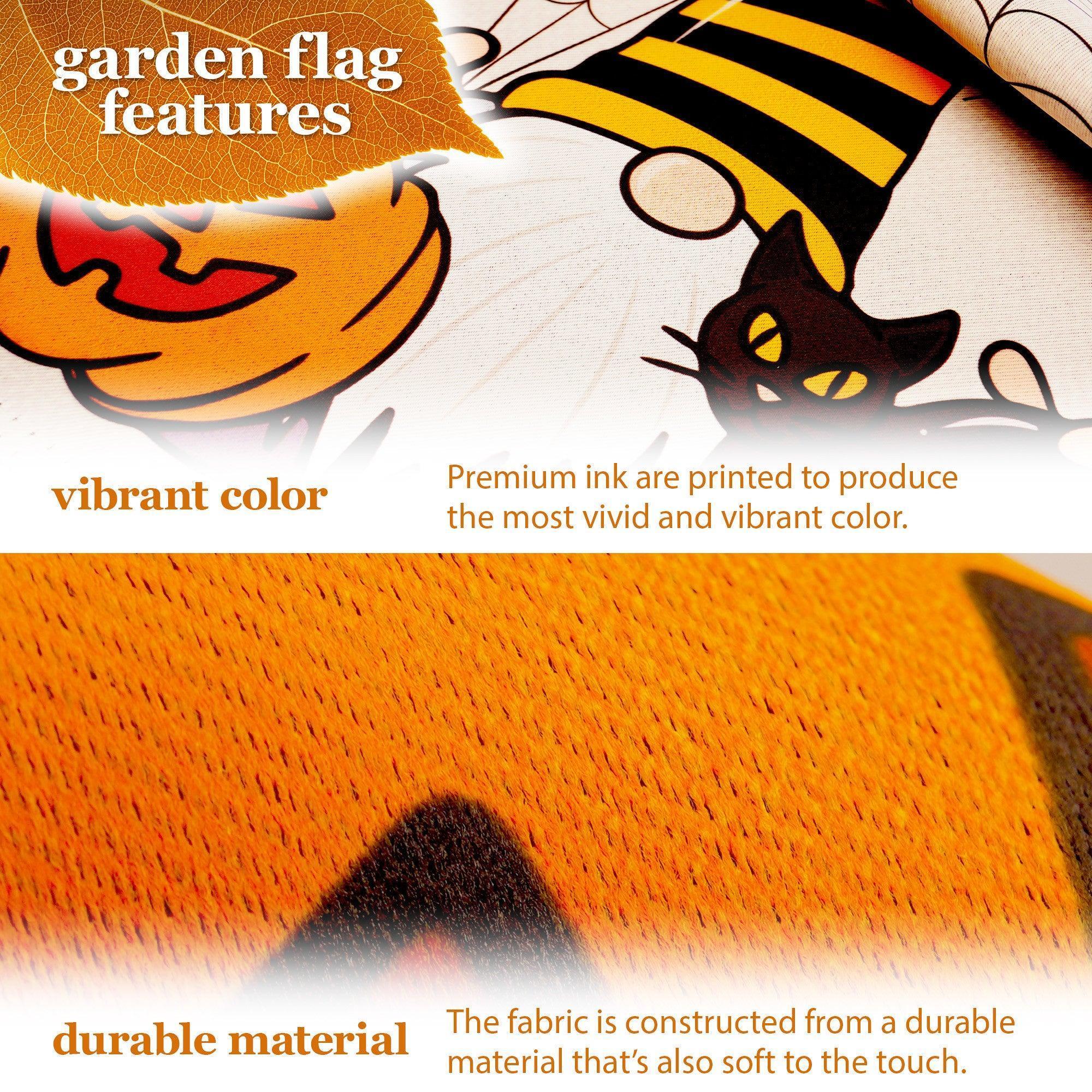 G128 Combo Pack: Garden Flag Stand Black 36 in x 16 in & Garden Flag Happy Halloween Decoration Gnome with Pumpkin and Black Cat 12x18 DoubleSided Blockout Fabric