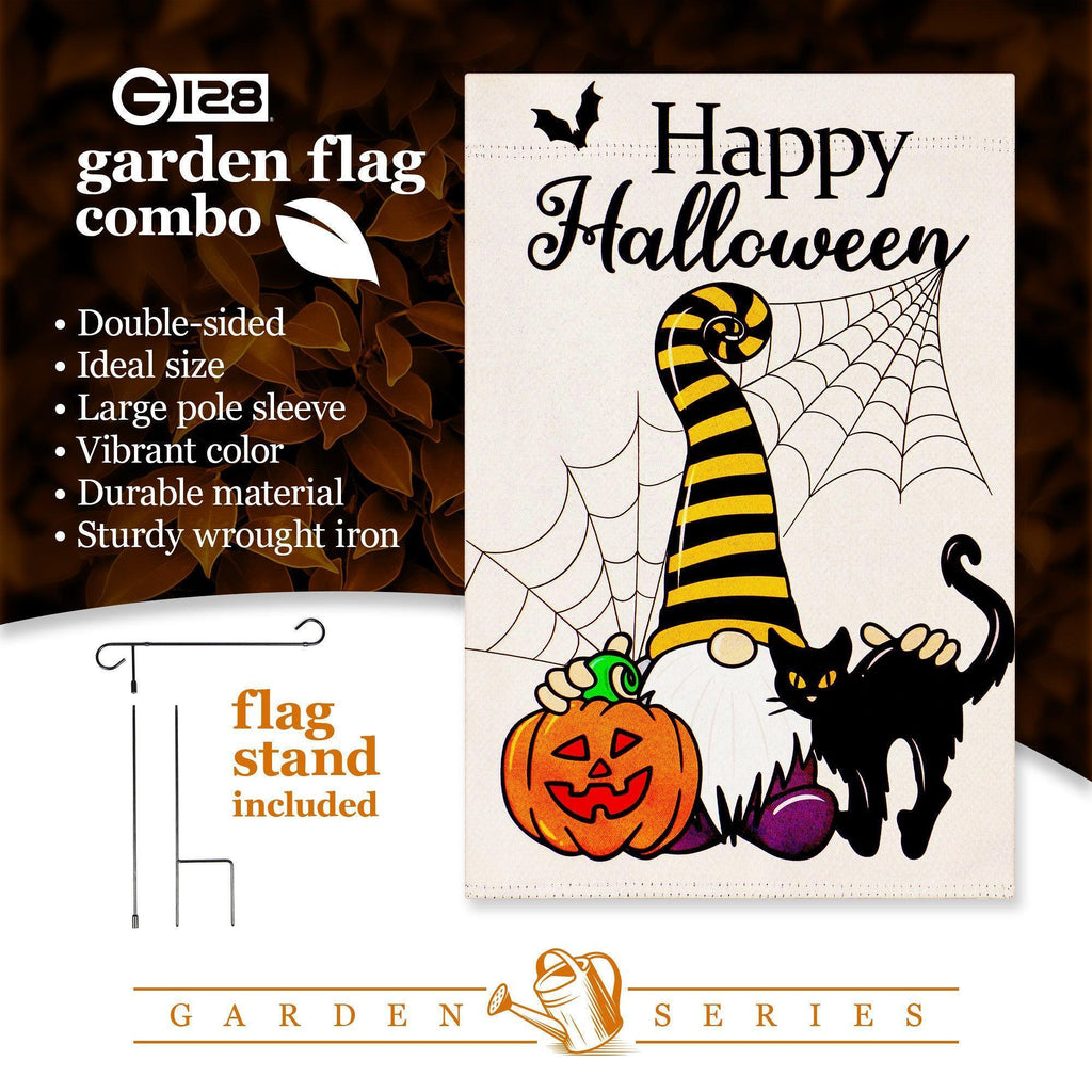 G128 Combo Pack: Garden Flag Stand Black 36 in x 16 in & Garden Flag Happy Halloween Decoration Gnome with Pumpkin and Black Cat 12x18 DoubleSided Blockout Fabric
