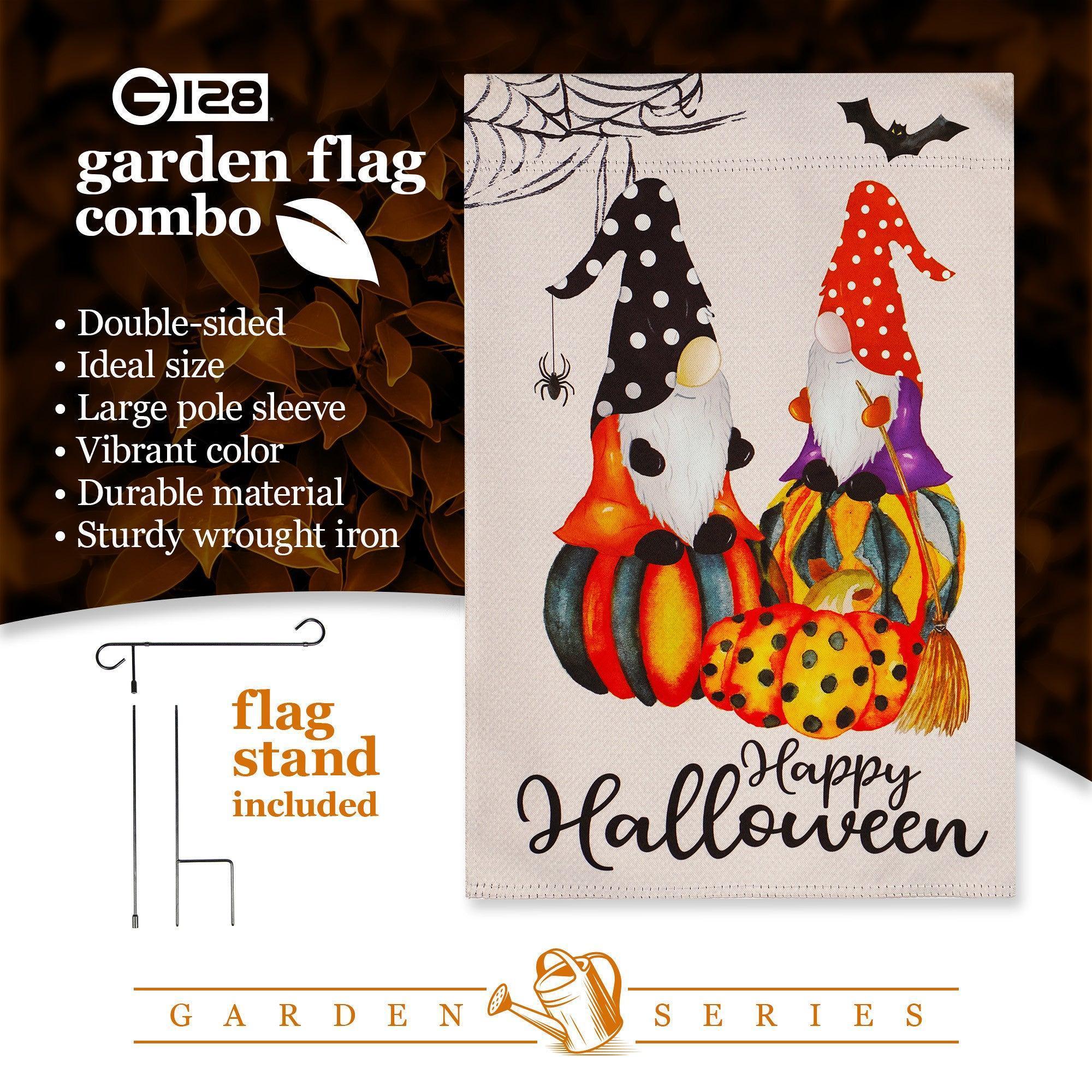 G128 Combo Pack: Garden Flag Stand Black 36 in x 16 in & Garden Flag Happy Halloween Decoration Two Witchy Gnomes 12x18 DoubleSided Blockout Fabric