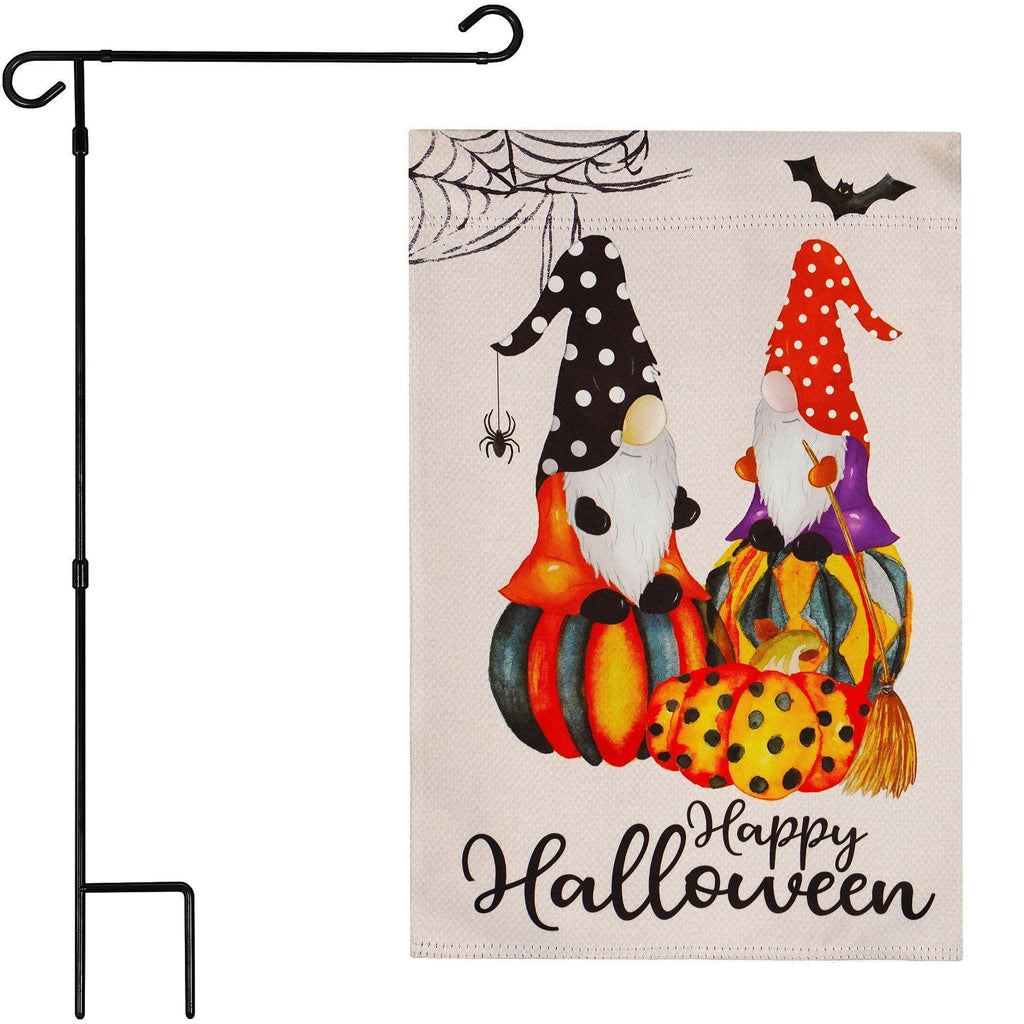 G128 Combo Pack: Garden Flag Stand Black 36 in x 16 in & Garden Flag Happy Halloween Decoration Two Witchy Gnomes 12x18 DoubleSided Blockout Fabric