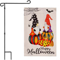 G128 Combo Pack: Garden Flag Stand Black 36 in x 16 in & Garden Flag Happy Halloween Decoration Two Witchy Gnomes 12x18 DoubleSided Blockout Fabric