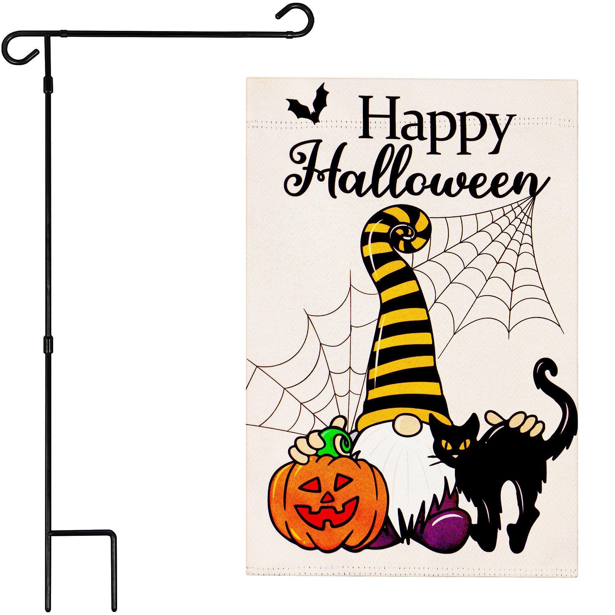 G128 Combo Pack: Garden Flag Stand Black 36 in x 16 in & Garden Flag Happy Halloween Decoration Gnome with Pumpkin and Black Cat 12x18 DoubleSided Blockout Fabric