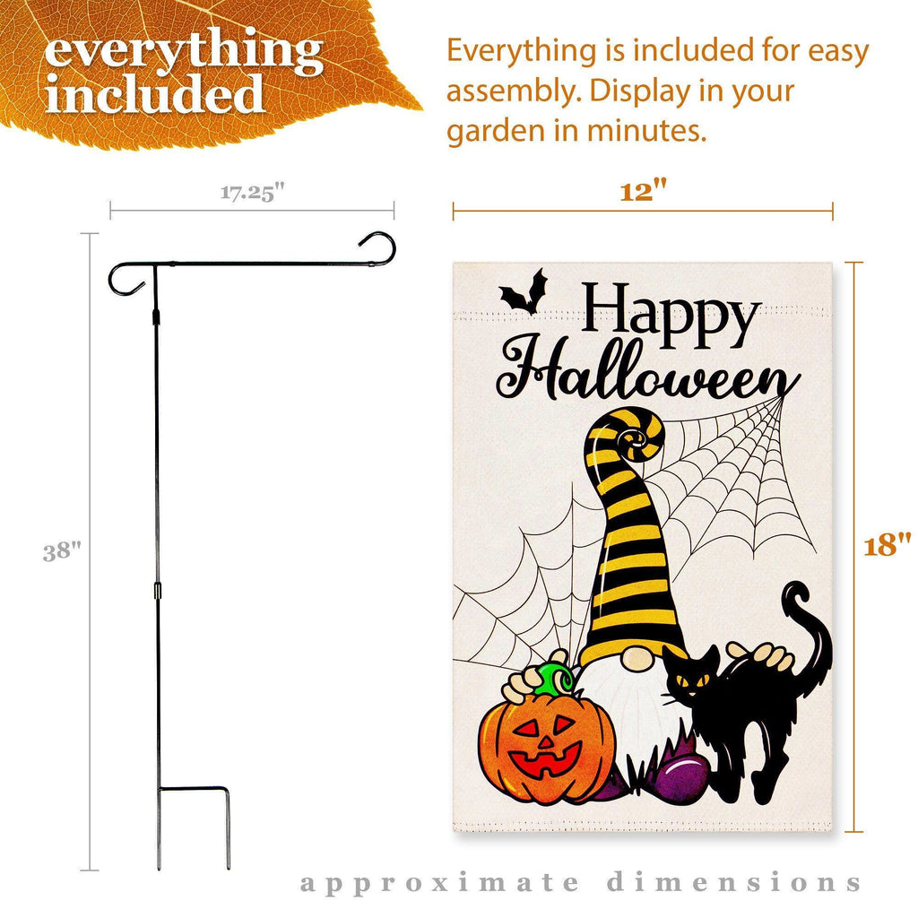 G128 Combo Pack: Garden Flag Stand Black 36 in x 16 in & Garden Flag Happy Halloween Decoration Gnome with Pumpkin and Black Cat 12x18 DoubleSided Blockout Fabric