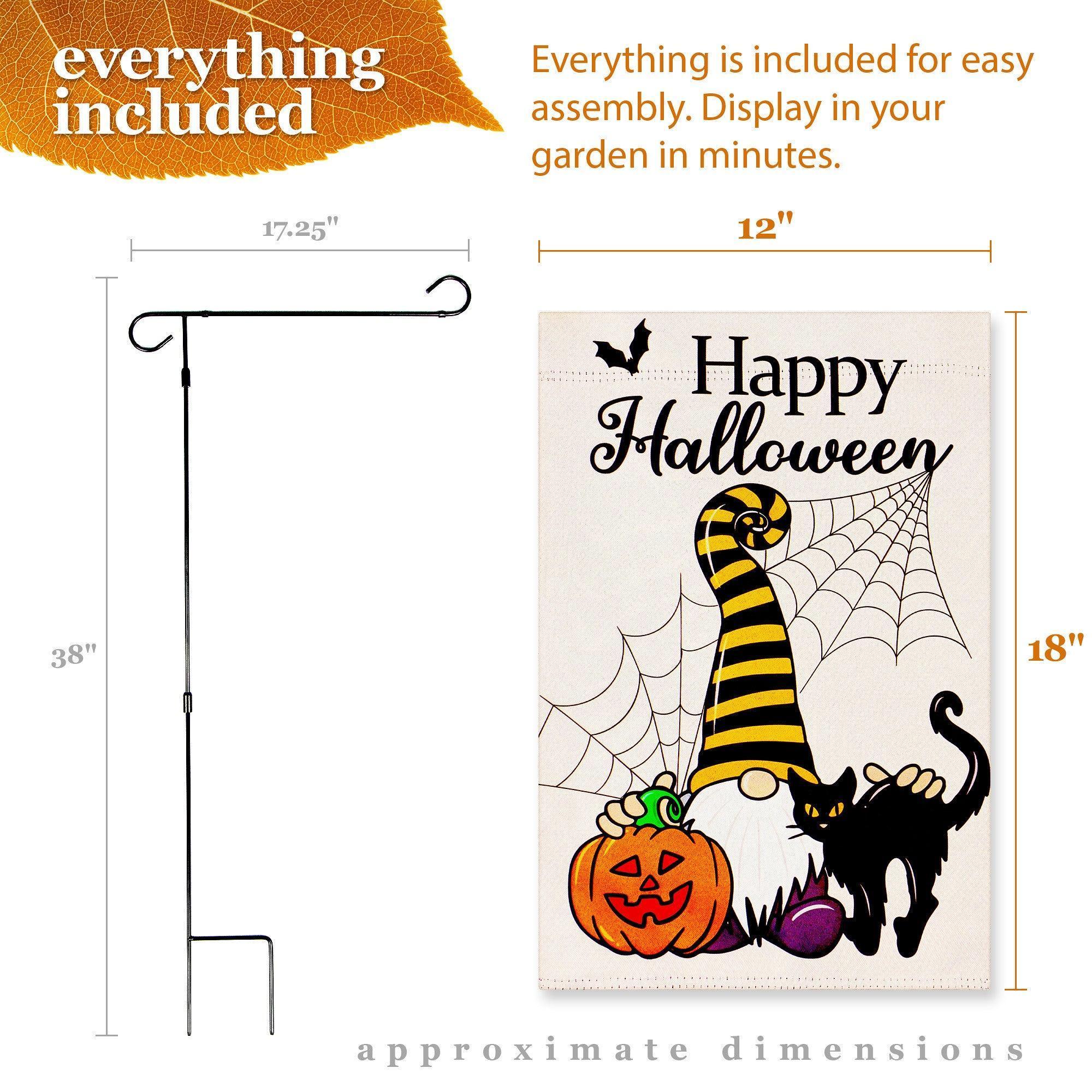 G128 Combo Pack: Garden Flag Stand Black 36 in x 16 in & Garden Flag Happy Halloween Decoration Gnome with Pumpkin and Black Cat 12x18 DoubleSided Blockout Fabric