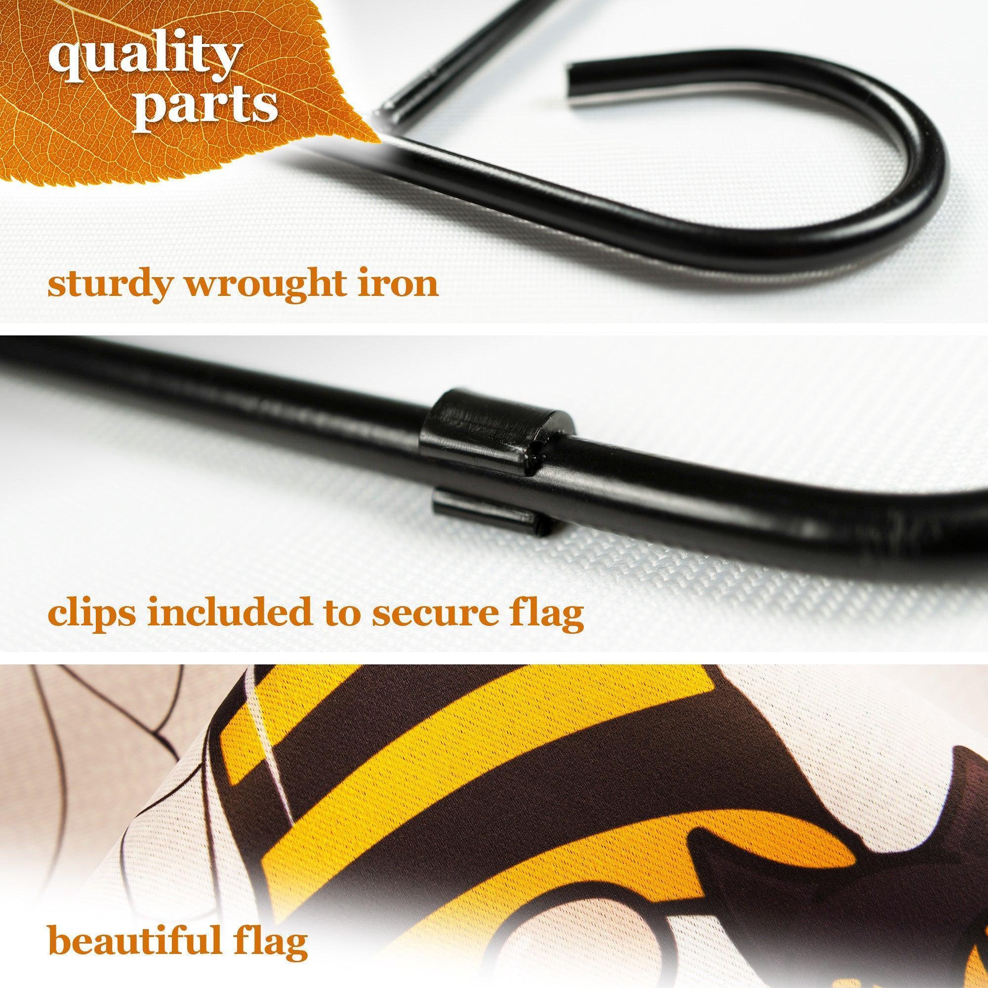 G128 Combo Pack: Garden Flag Stand Black 36 in x 16 in & Garden Flag Happy Halloween Decoration Gnome with Pumpkin and Black Cat 12x18 DoubleSided Blockout Fabric