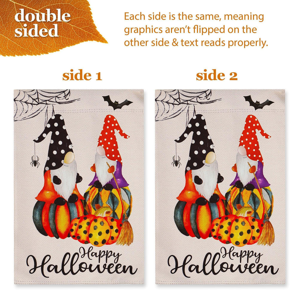 G128 Combo Pack: Garden Flag Stand Black 36 in x 16 in & Garden Flag Happy Halloween Decoration Two Witchy Gnomes 12x18 DoubleSided Blockout Fabric