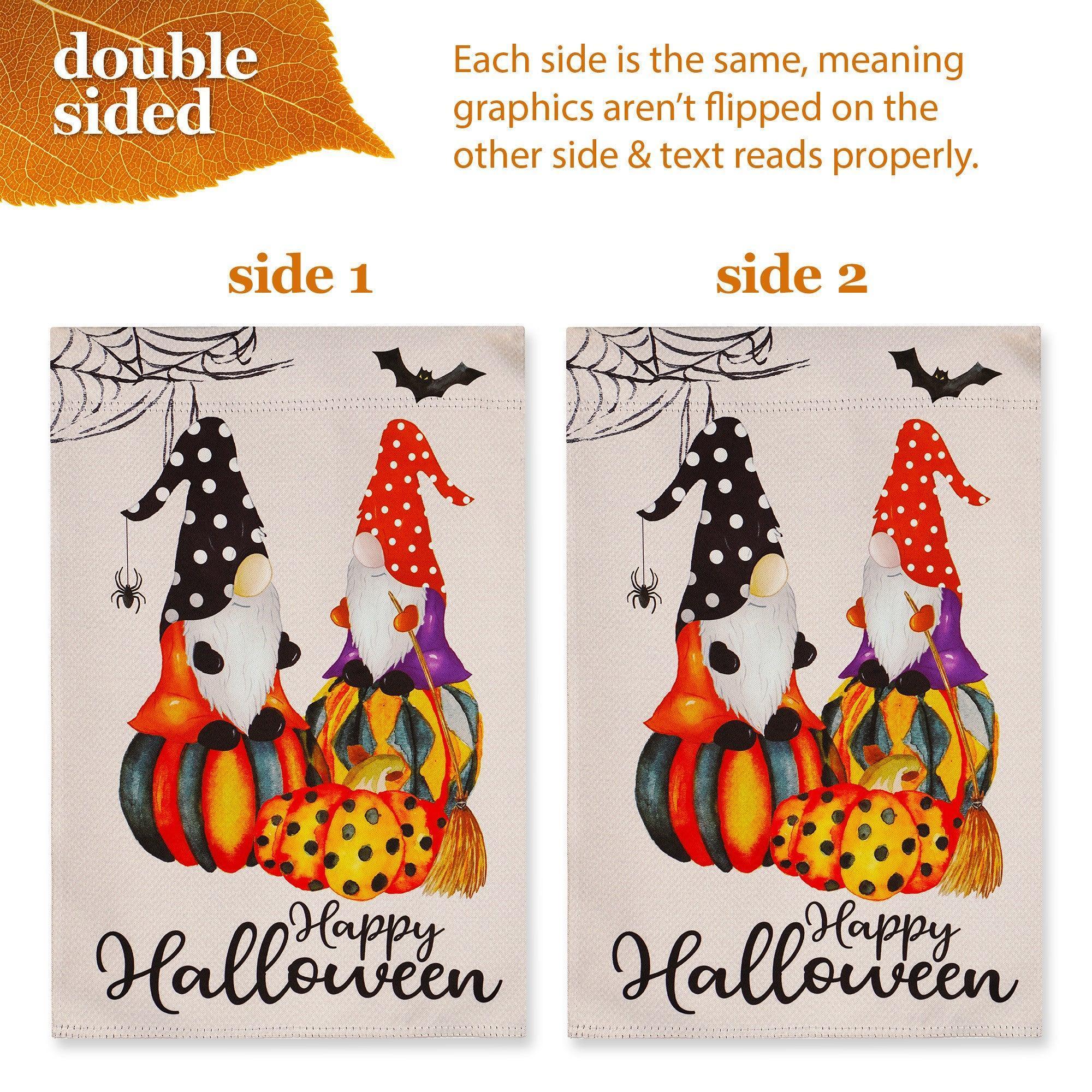 G128 Combo Pack: Garden Flag Stand Black 36 in x 16 in & Garden Flag Happy Halloween Decoration Two Witchy Gnomes 12x18 DoubleSided Blockout Fabric