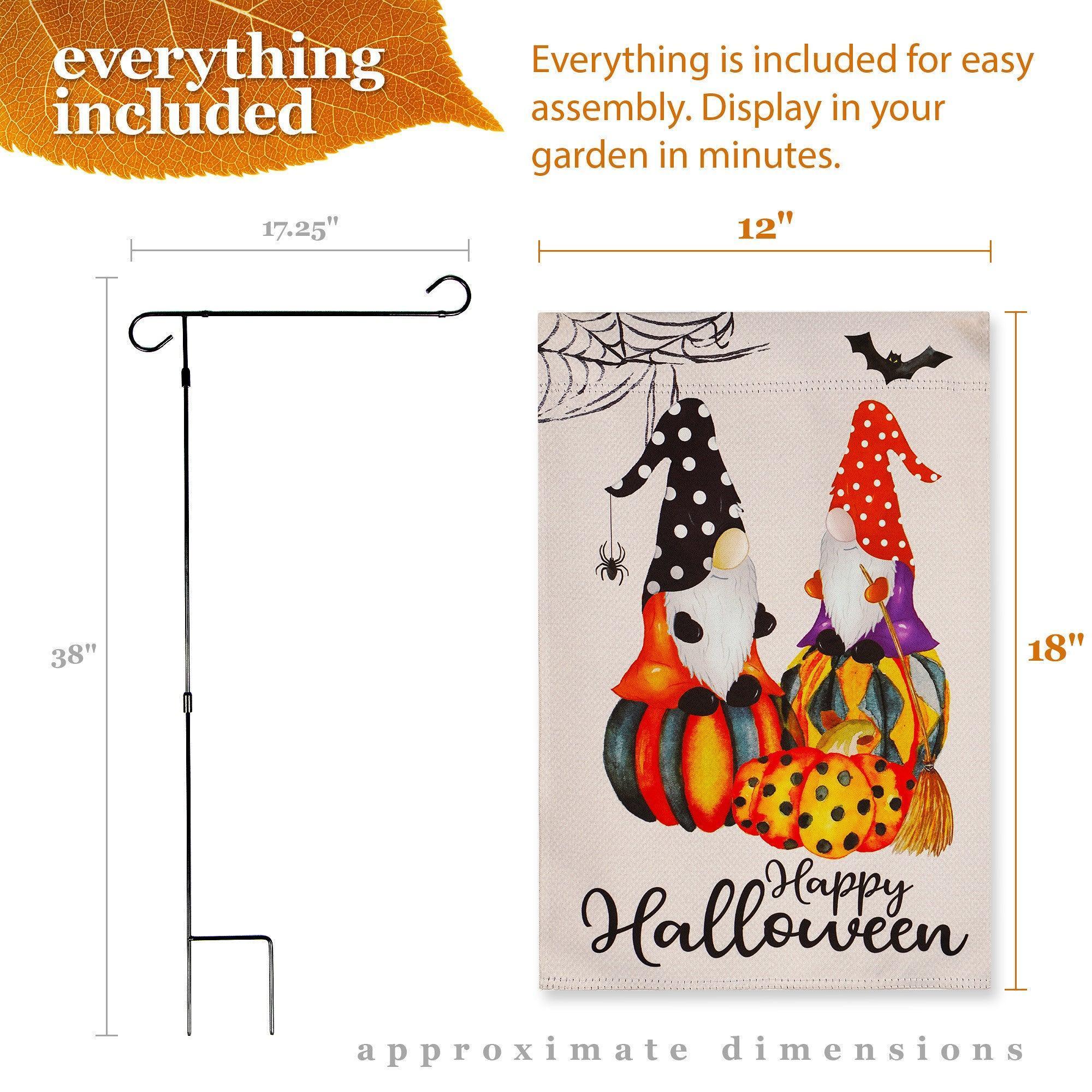 G128 Combo Pack: Garden Flag Stand Black 36 in x 16 in & Garden Flag Happy Halloween Decoration Two Witchy Gnomes 12x18 DoubleSided Blockout Fabric
