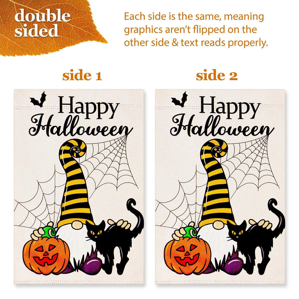 G128 Combo Pack: Garden Flag Stand Black 36 in x 16 in & Garden Flag Happy Halloween Decoration Gnome with Pumpkin and Black Cat 12x18 DoubleSided Blockout Fabric