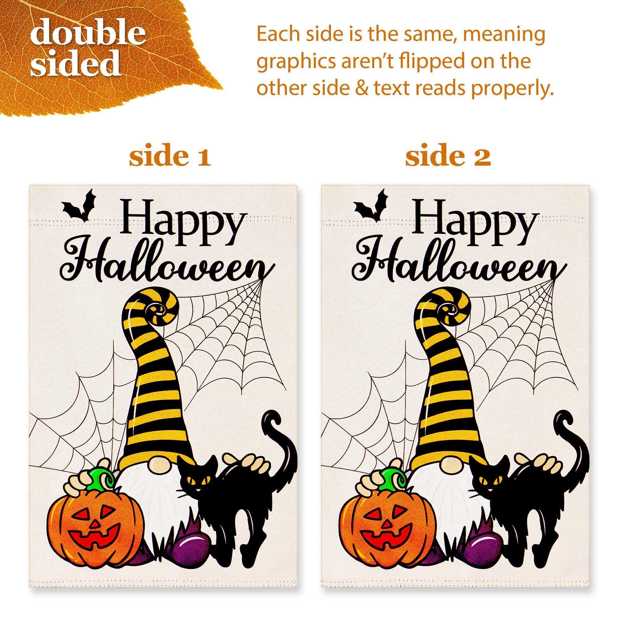 G128 Combo Pack: Garden Flag Stand Black 36 in x 16 in & Garden Flag Happy Halloween Decoration Gnome with Pumpkin and Black Cat 12x18 DoubleSided Blockout Fabric